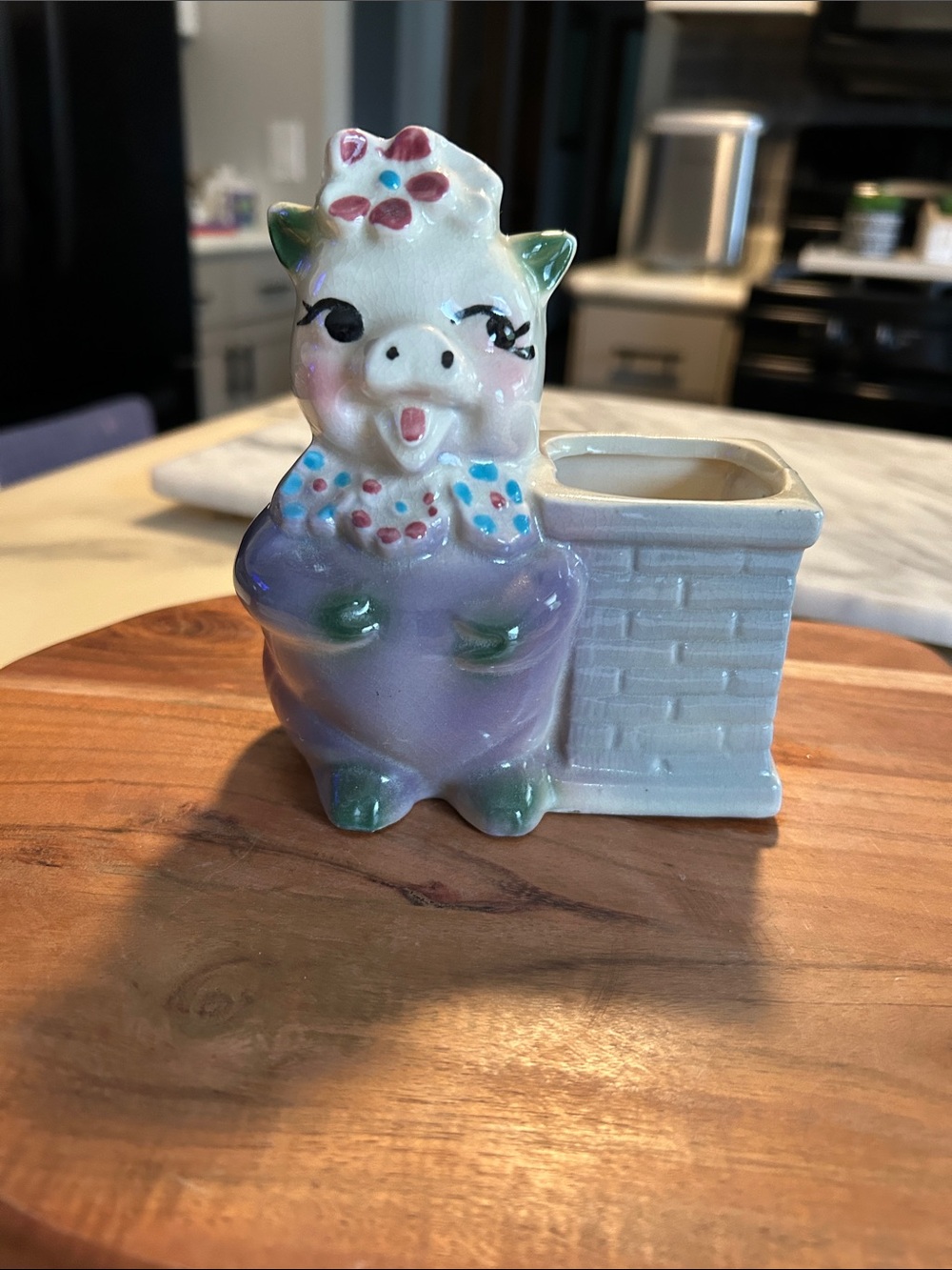 Vintage Shawnee Ceramic Lady Pig Planter - Lavender with Floral Hat & Collar 5”